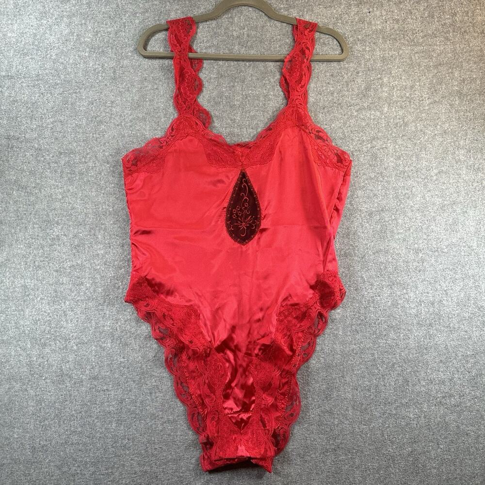 Vintage Satin Red Women's Solid with Black Lace One-Piece Bodysuit